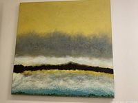 Close-up photo showing texture and color details of the acrylic painting with yellow, gray, black, white, and blue tones.