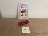 Two photos showing a vintage red diecast Chevrolet El Camino pickup truck by Tootsie Toys with original box.