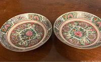 Two identical hand crafted Chinese decorative ceramic bowls featuring colorful floral and circular designs viewed from above.