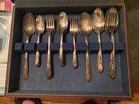 Top view of silverware with spoons and forks in blue felt case interior
