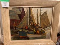 Full view of the framed painting showing a maritime scene with people on boats, painted on wood in a vintage style.