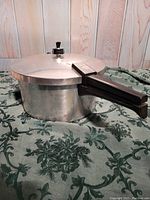 Side view of Presto aluminum pressure cooker with lid and black handle on a green patterned cloth background