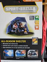 Product packaging showing family using the domed shelter with features such as UPF 50+ sun protection, side zip-down vents, inside storage pockets, and all-season shelter usage.