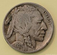 Obverse view of 1929 Buffalo Nickel showing Native American profile and date.