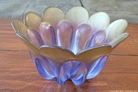 Side view of Waltherglas petal-shaped decorative glass bowl showing translucent pastel colors and unique design.