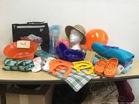 Full view of all beach accessories including towels, balls, footwear, coolers, and game pieces