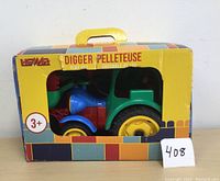 Front view of the boxed Hemar digger play set toy for kids, showing colorful toy digger inside and box design