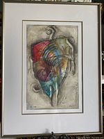 Front view of abstract colorful artwork framed and matted, clearly showing the signature and date by artist