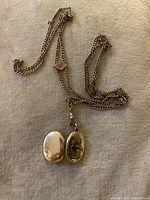 Photo showing the gold chain with attached oval locket open revealing interior compartment and engraved crest on front.