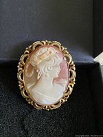 Front view of the brooch nested in a black jewelry box, showing cameo relief and gold frame.