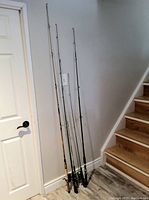 Five assorted fishing rods and reels leaned against wall and door, showing variation in handle types and rod lengths.