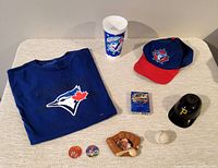 Overview of all Toronto Blue Jays baseball items including XXL t-shirt, drink cup, child's cap, pins, miniature glove with ball, collectible baseball, and Pirates helmet item.