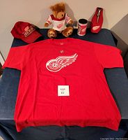 Top view of the NHL Detroit Red Wings lot items neatly arranged on a cloth surface including the red Zetterberg T-shirt, corduroy cap, stuffed bear, can cooler, and bottle opener.