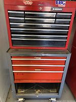 Full front view of top chest and bottom rolling cart showing condition and drawer layout