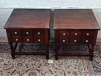 Pair of Ethan Allen end tables with porcelain knob drawers shown together, displaying top and front drawer arrangement.