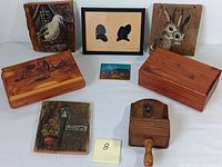 Overview of all 8 vintage wooden items including painted plaques with animal and floral scenes, silhouette artwork, wooden scoop, and two jewelry boxes.