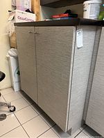 Photo of gray textured two-door cabinet with black countertop in a room showing shelves and items nearby.