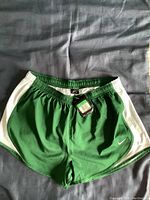 Front view of green women’s running shorts with white side panels and Nike swoosh logo on left leg. Elastic waistband seen with attached tags.