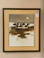 Full view of the framed mid-century painting showing black sheep under a moonlit sky, matted and framed.