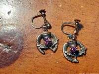 Pair of antique sterling silver screw clamp earrings, horseshoe and thistle, pink sapphire stones viewed on wood surface.