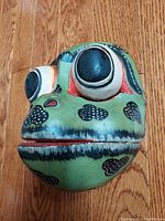 Close-up image of the front of the vintage hand carved and painted lizard mask showing the detailed painting, large bulging eyes, and articulated mouth.