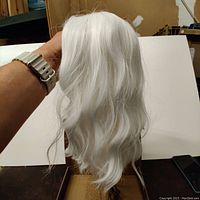 White wig held up showing length and wavy texture.