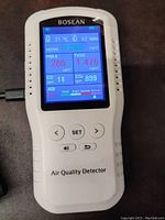 Front view of BOSEAN air quality detector showing digital screen with measurements of temperature, humidity, HCHO, PM2.5, TVOC, CO, CO2 and air quality index.