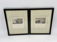 Two framed antique engravings displayed side by side, showing overall condition and style