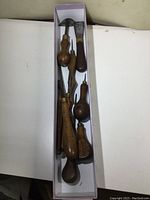 Box containing all tools organized; shows wood handles and metal working ends