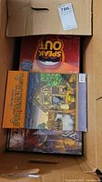 Box containing Agricola, Speak Out, and another board game stacked inside a cardboard box.