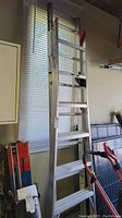 Full view of the aluminum extension ladder propped against the wall showing telescoping sections and rungs.