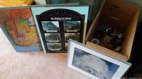 Three framed wall art prints leaning against boxes on the floor including The Original Six Arenas, dog print, and colorful art print.