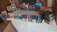 Overview of numerous hardback books arranged on carpet in front of fireplace, showing varied series and sizes.