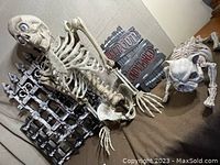 Photo showing the skeleton lying along with the skeletal dog and Halloween signs and gate