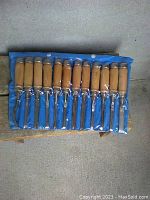 Blue plastic pouch containing 12 chisels with wooden handles and metal blades, laid out on wooden surface.