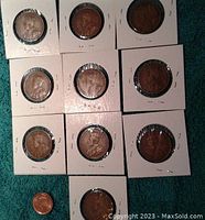 Top view of all 10 coins individually encased in white cardboard holders with plastic windows, laid out on green fabric. Each coin is copper-colored with visible wear.