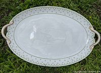 Full view of the oval white porcelain platter with green and pink floral pattern and gold-handled sides, placed on grass.
