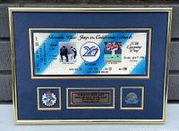 Full view of framed commemorative with ticket, pins, and plaque.