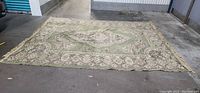 Full view of green and beige area rug showing overall size, shape, and fringed edges.