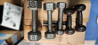 Photo showing all five dumbbells arranged side by side on a cardboard surface, displaying varying sizes and visible weight markings.