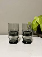 Photo of two dark/smoke-toned glass cups side by side on a white surface with a plant in the background.