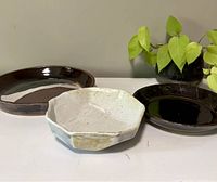 Three pottery dishes: one small white polygonal dish in front, medium and large round dark brown dishes behind, next to a plant.