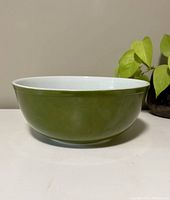 Side view of the large green Pyrex mixing bowl showing its exterior and shape.