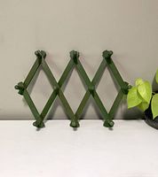 Front-facing photo showing the rack fully expanded horizontally, highlighting the 10 pegs, olive green wood finish, and accordion X-shaped structure.