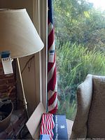 U.S. flag hung near window with lamp and greenery outside visible. Box for U.S. flag visible on floor.