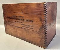 Side view showing Canadian Industries Limited and factory locations markings, dovetail corner construction and wood patina.