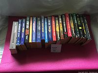 Wide photo showing all 20 books lined up on a pink surface.