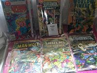 Photo of seven vintage comic books including Superman Family, Man-Wolf, Hulk & Sub-Mariner, World’s Finest, and others in protective sleeves showing wear.