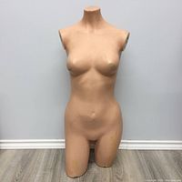 Front view of the female torso mannequin showing wear marks and hole near bottom