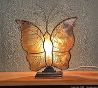 Front view of butterfly lamp illuminated on wooden surface with textured wall background.